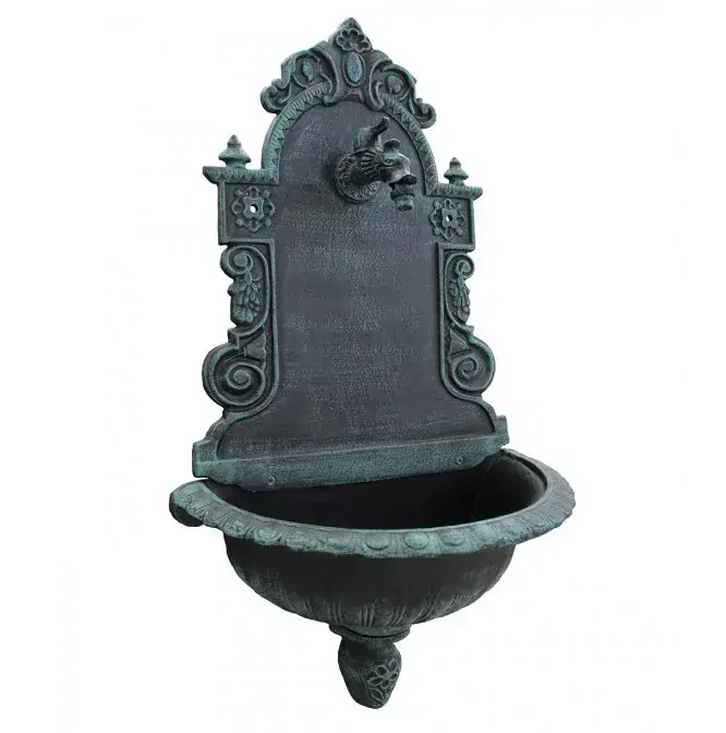 Záhradné Umyvadlo LIATINOVÉ s kohútikom DRAK, čierne so zelenou patinou