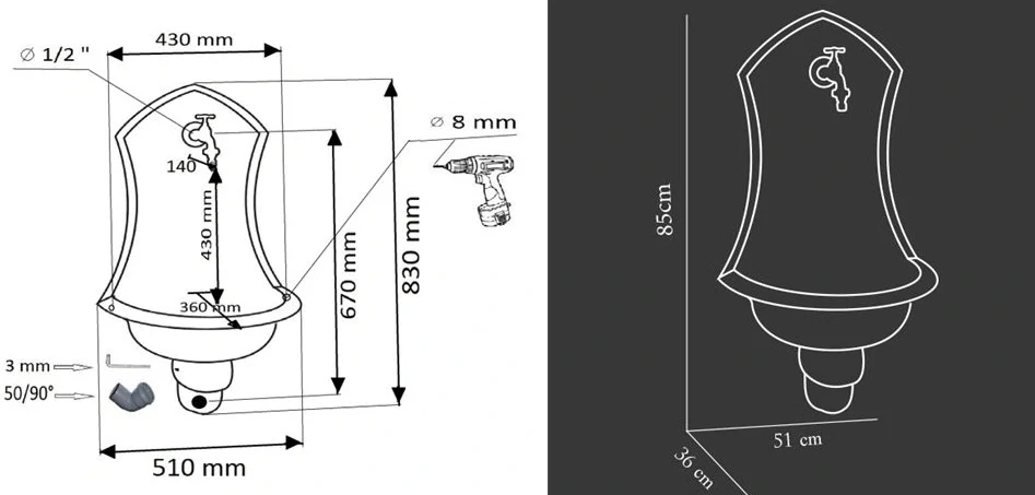 Záhradné umývadlo SIENA s kohútikom DRAK, ANTICKÉ STRIEBRO
